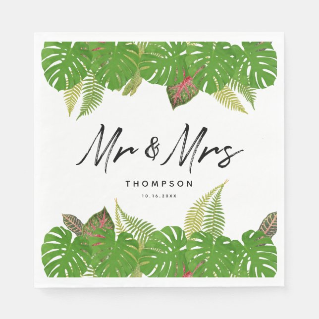 Mrs. Modern Tropical Leaves Script Wedding Napkin (Front)