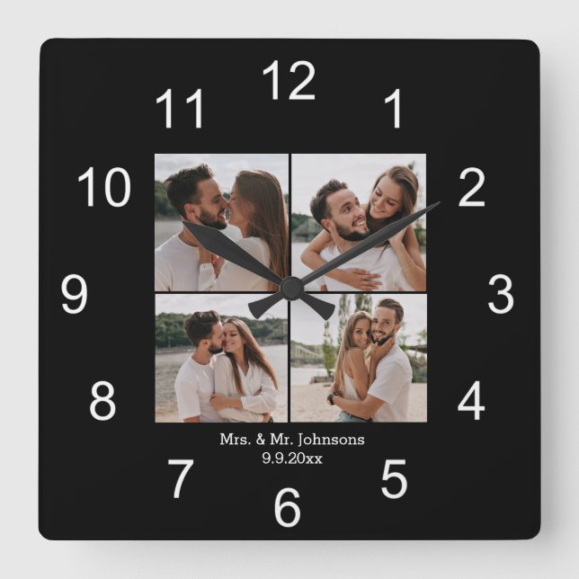 mrs & mr black white 4 photos collage wedding square wall clock (Front)