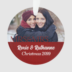 Mrs & Mrs 1st Christmas Red Damask Photo Ornament
