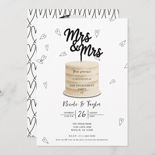 Mrs. & Mrs. Cake & Hearts Black White Engagement Invitation (Front/Back)