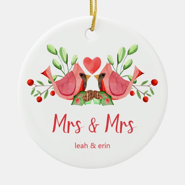 Mrs & Mrs Cardinal Lovebirds Personalized Ceramic Tree Decoration (Front)