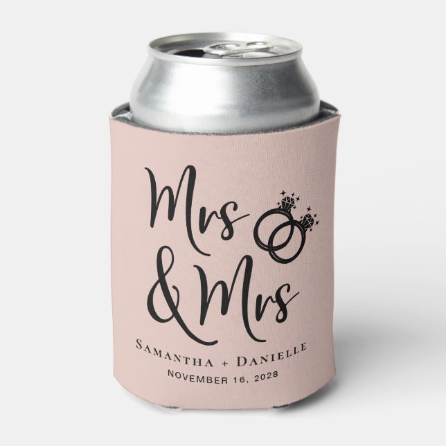 Mrs & Mrs Lesbian Blush Pink Wedding Favour Can Cooler (Can Front)
