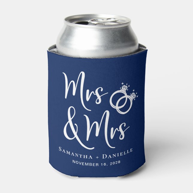 Mrs & Mrs Lesbian Navy Blue Wedding Favour Can Cooler (Can Front)