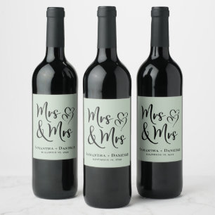 Mrs & Mrs Lesbian Sage Green Wedding Wine Label