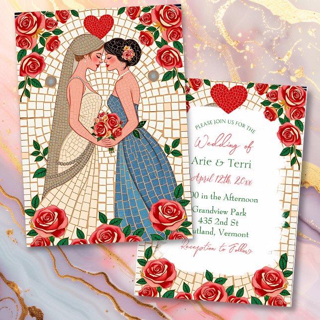 Mrs & Mrs Lesbian Wedding Mosaic Tile and Roses Invitation (Creator Uploaded)