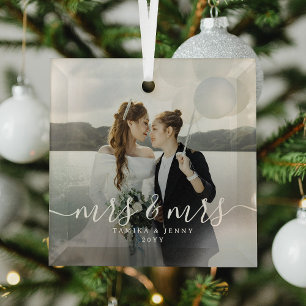 Mrs & Mrs Newlyweds Photo Christmas Script Glass Tree Decoration