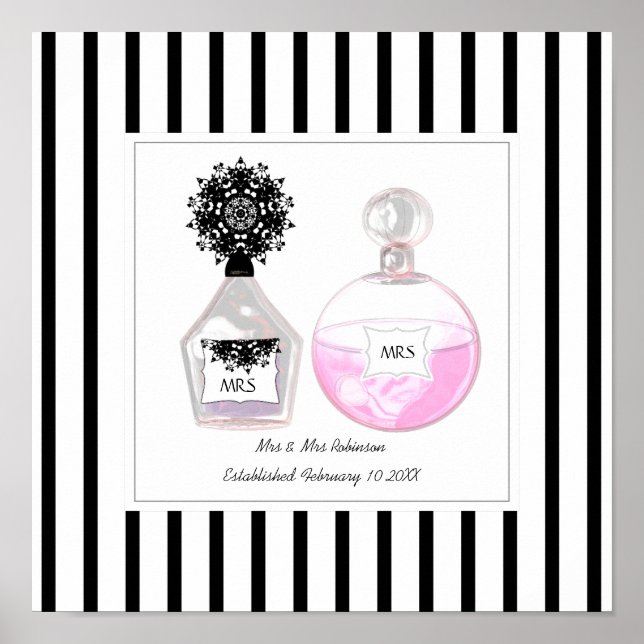 Mrs & Mrs Perfume Bottles Personalised Wedding Poster (Front)
