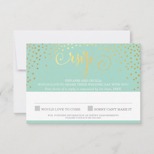 MRS & MRS RSVP REPLY stylish gold confetti mint Card (Front)
