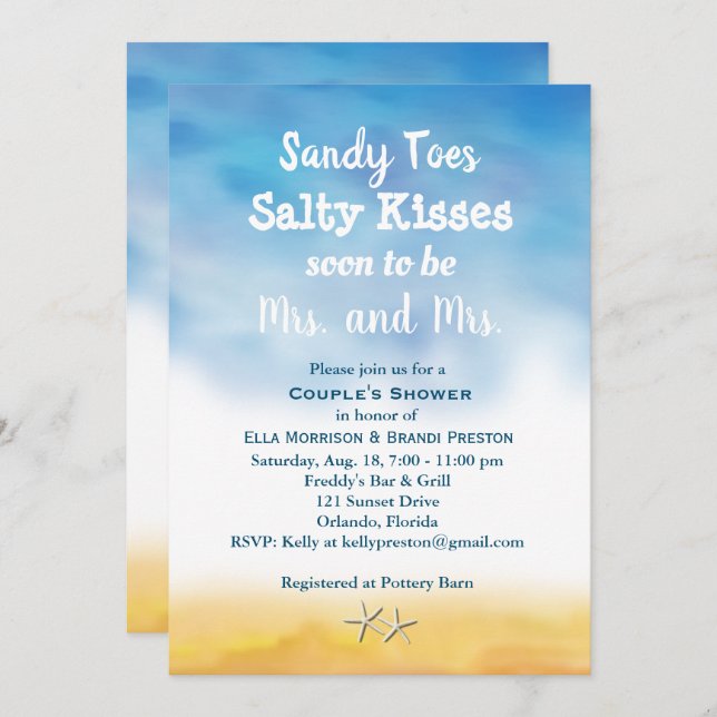 Mrs. & Mrs Sandy Toes Couple's Shower - sky & sand Invitation (Front/Back)