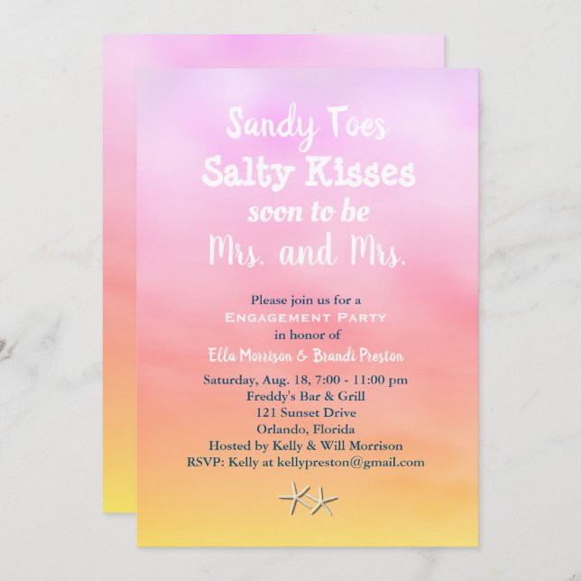 Mrs. & Mrs. Sandy Toes Engagement Party sunset Invitation (Front/Back)