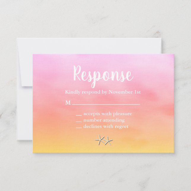 Mrs. & Mrs. Sandy Toes RSVP sunset Card (Front)