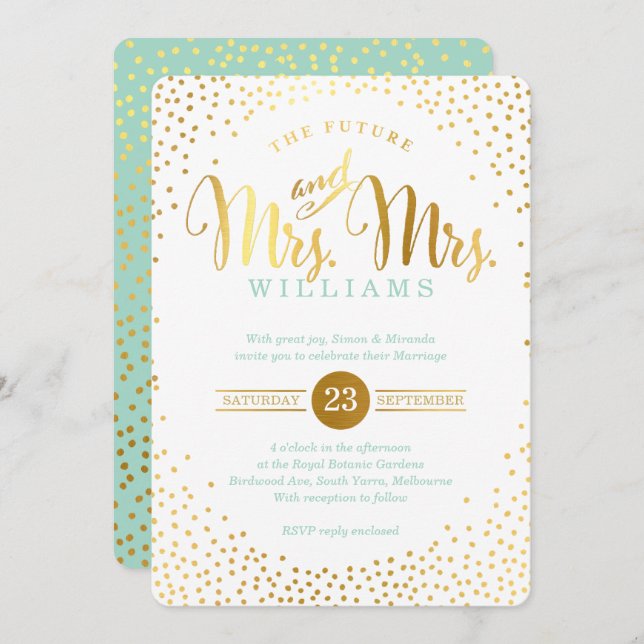 MRS & MRS STYLISH GLAM WEDDING gold confetti mint Invitation (Front/Back)