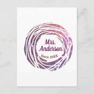 Mrs name pink mauve border since year wedding brid postcard