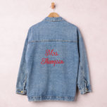 Mrs. Name Red Script  Denim Jacket<br><div class="desc">Whether for daily wear or on your special day,  this denim jacket is for customisation by adding a name below "Mrs.". The red text is a modern,  script font. Options are available to change the text,  font,  and colour.</div>