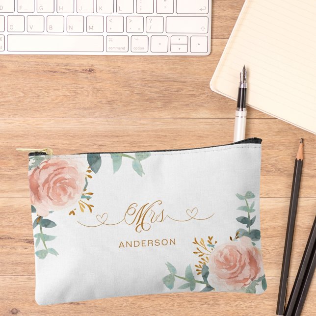 Mrs newlywed rose gold floral greenery accessory pouch (Creator Uploaded)