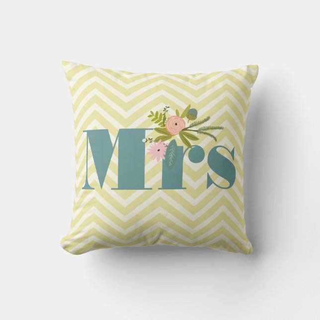 Mrs. Pale Yellow Ivory Teal Zig Zag Cushion (Front)