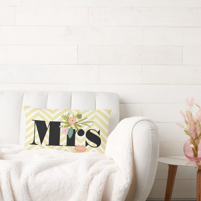 Mrs. Pale Yellow White Teal Zig Zag Lumbar Cushion (Couch)