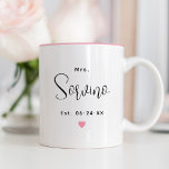 Mrs Personalised Black Script Last Name Wedding Two-Tone Coffee Mug<br><div class="desc">Custom Mrs. coffee mug for her features modern black script text that can be personalised with the newlywed bride's married last name and established wedding date. Includes a cute pink heart accent. Makes a special gift for the newly married Mrs!</div>