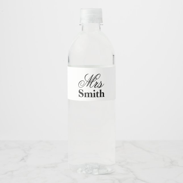 Mrs Personalised Name White Black Water Bottle Label (Front)
