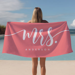 Mrs Pink And White Newlywed Bride Personalised Beach Towel