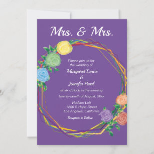 Mrs. Rainbow Flowers lesbian wedding invite Purple