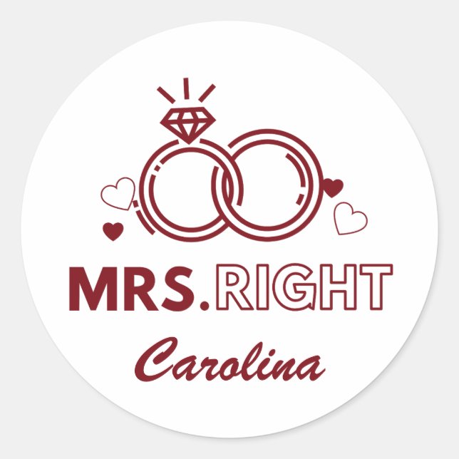 Mrs Right Red Wedding Ring Bold Funny Custom Name Classic Round Sticker (Front)