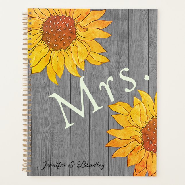  Mrs. Rustic Wood Grey Yellow Sunflower Planner (Front)