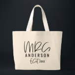 Mrs script typography wedding large tote bag<br><div class="desc">Script text mrs typography wedding gift. Modern,  graphic design. Ideal for bachelorette party,  bridal shower parties,  wedding dat attire,  wedding gift or honeymoon.</div>