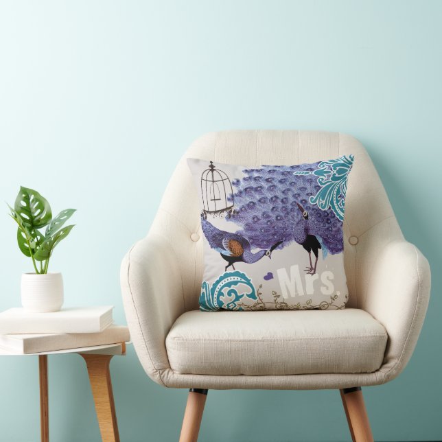 Mrs. Teal Damask Purple Vintage Peacock Birdcage Cushion (Chair)