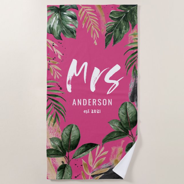 Mrs tropical botanical girly pink typography beach towel (Front)