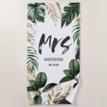 Mrs tropical leaf & typography beach towel<br><div class="desc">Mrs modern script typography and tropical leaf. With space for name.</div>