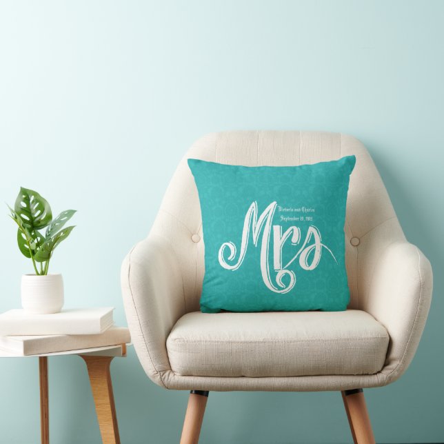 Mrs Turquoise Damask Wedding Pillow (Chair)