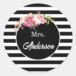 Mrs. with Black & White Stripes and Flowers Classic Round Sticker