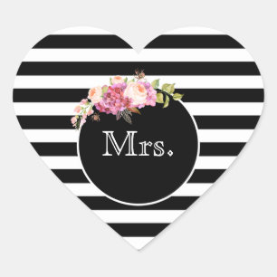 Mrs. with Black & White Stripes and Flowers Heart Sticker