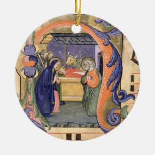Ms 571 f.6r Historiated initial 'H' depicting the Ceramic Tree Decoration