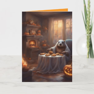 Ms. Beaver whimsical Halloween house greeting Card