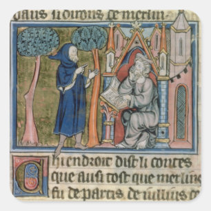 Ms Fr. 95 f.268 Merlin dictates the story to Blais Square Sticker
