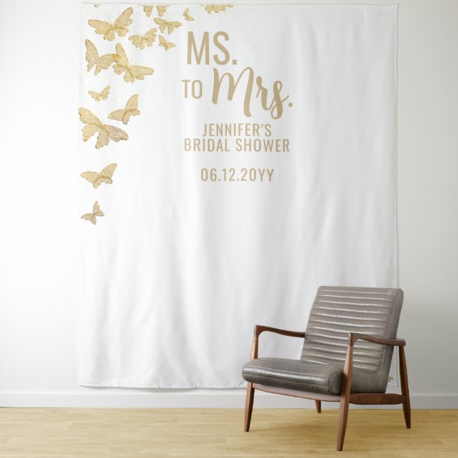 Ms Mrs Gold Butterflies Chic White Bridal Backdrop Tapestry (In Situ)