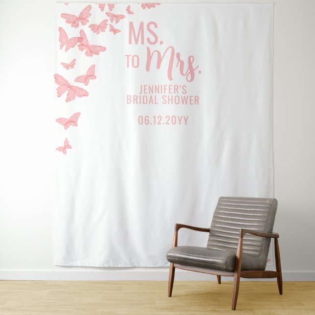 Ms Mrs Pink Butterfly Chic White Bridal Backdrop Tapestry (In Situ)