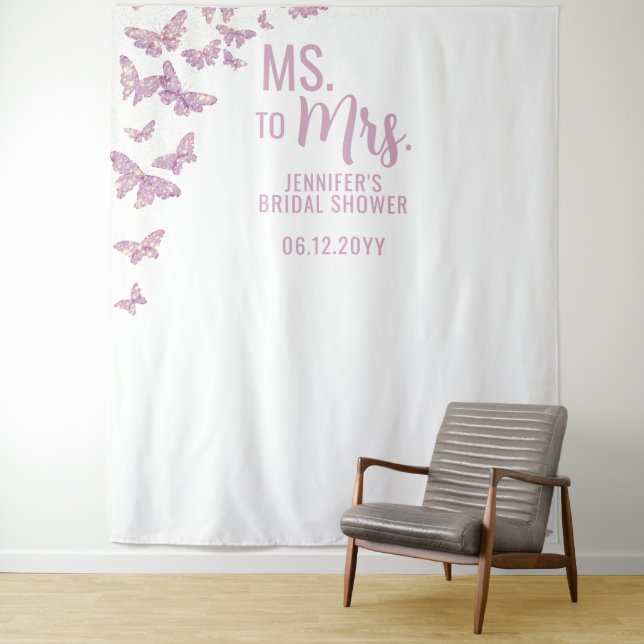 Ms Mrs Purple Gold Butterfly White Bridal Backdrop Tapestry (In Situ)
