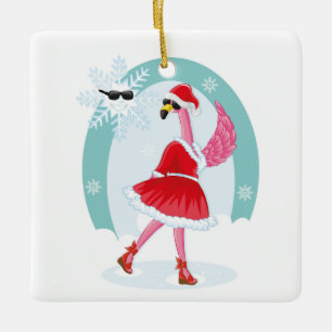 Ms. Santa Claus Flamingo Ceramic Ornament