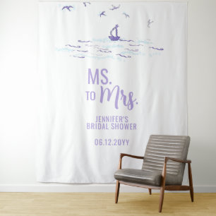 Ms to Mrs Beach Boat Waves Blue Bridal Backdrop Tapestry