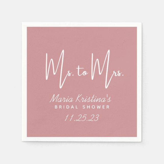 Ms. to Mrs. Bridal Shower Puce Pink Calligraphy Napkin (Front)