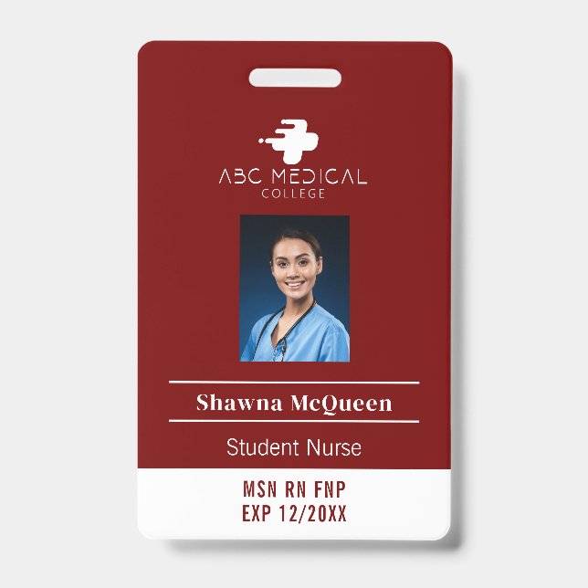 MSN RN FNP Student Nurse Red Photo QR Code ID Badge (Front)