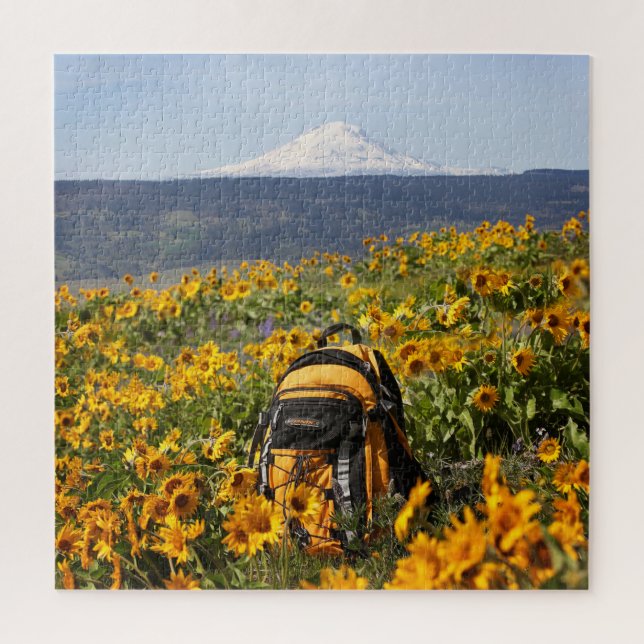 Mt Adams | Yellow Backpack | Balsamroot 20x20 Jigsaw Puzzle (Vertical)