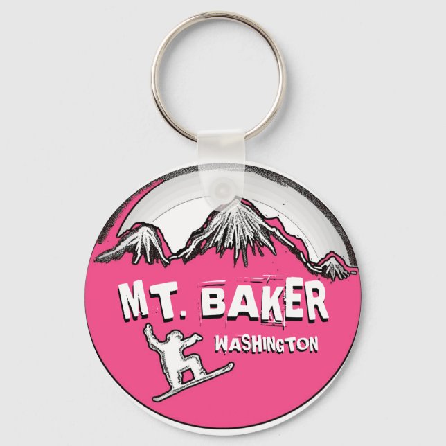 Mt. Baker Washington pink snowboarder keychain (Front)