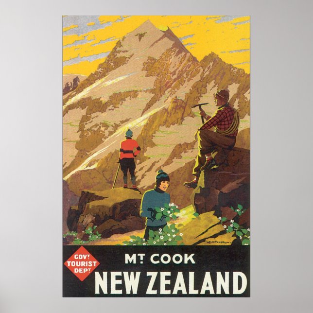 Mt Cook New Zealand Vintage Travel Poster (Front)