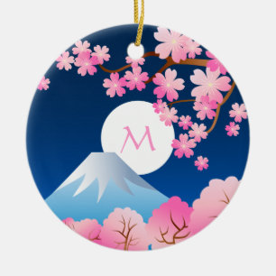 Mt Fuji Cherry Blossoms Spring Japan Night Sakura Ceramic Tree Decoration