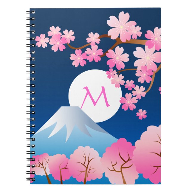 Mt Fuji Cherry Blossoms Spring Japan Night Sakura Spiral Notebook (Front)