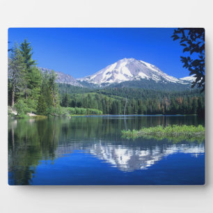 Mt. Lassen rises above Manzanita Lake Plaque